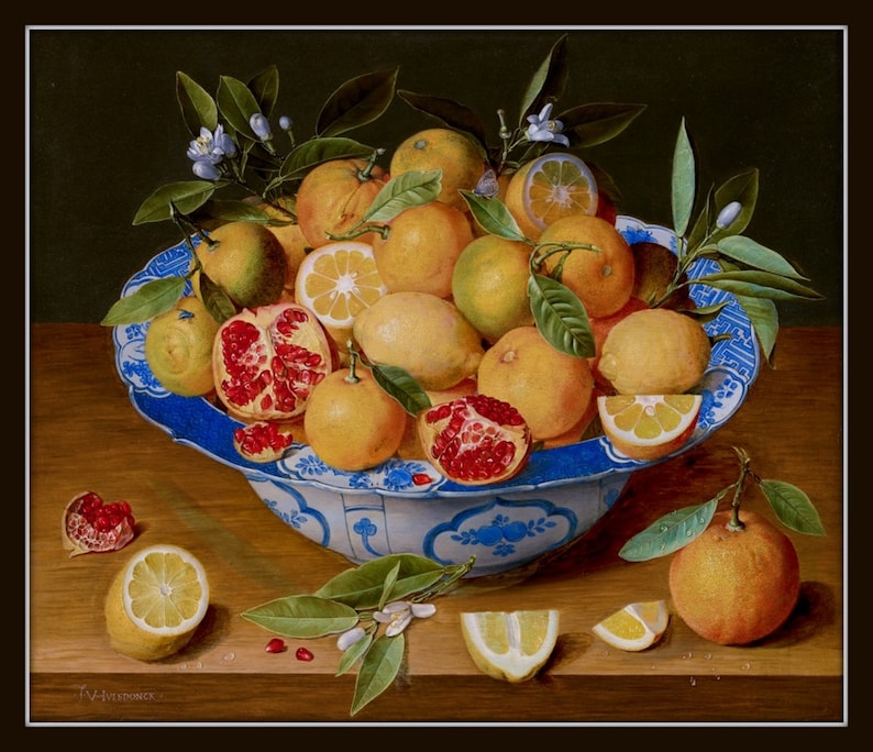 Vintage Still Life Citrus Painting, Chinoiserie Art Print, Blue and White Porcelain Prints, Lemon Prints, Fruit Prints image 2