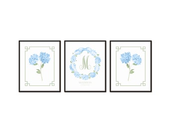 Personalized Watercolor Blue Hydrangea Print Set No. 1, Chinoiserie Decor, Custom Print, New Home Gift, Decor, Gift for Mom, Nursery Decor,