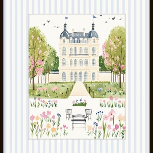 May include: A watercolor painting of a white building with a garden in front. The building has a symmetrical design with multiple windows and a central entrance. The garden is filled with colorful flowers and two benches.