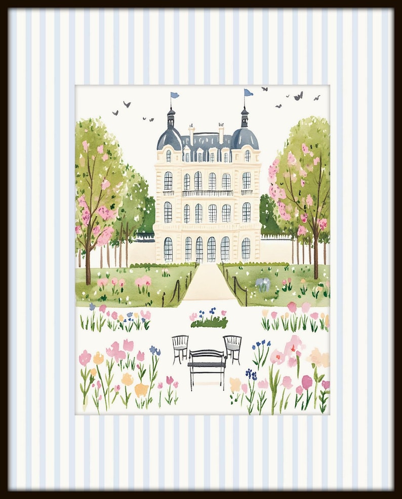 May include: A watercolor painting of a white building with a garden in front. The building has a symmetrical design with multiple windows and a central entrance. The garden is filled with colorful flowers and two benches.