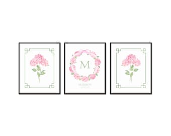 Personalized Watercolor Pink Hydrangea Print Set, Chinoiserie Decor, Custom Art Print, New Home Gift, Decor, Gift for Mom, Nursery Decor,