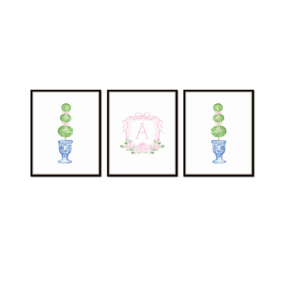 Custom Monogram Chinoiserie Topiary Pink Hydrangea Crest Print Set ...