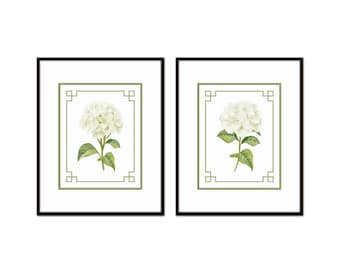 White Watercolor Hydrangea Chinoiserie Print Set No. 3, White Botanical Print Set, Hydrangea Print, Watercolor Botanical Prints, Wall Art