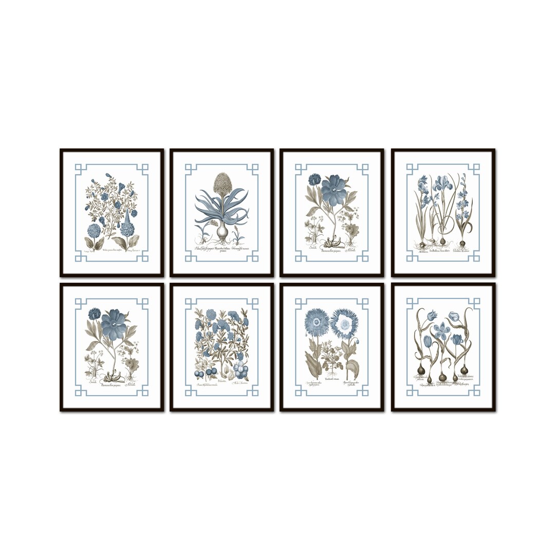 Chinoiserie Blue and Sepia Vintage Botanical Print Set No. 3 , Flower ...