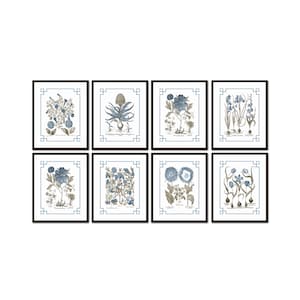Chinoiserie Blue and Sepia Vintage Botanical Print Set No. 3 , Flower Prints, Botanical Art, Botanical Prints, Wall Art, Home Decor