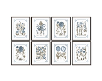 Chinoiserie Blue and Sepia Vintage Botanical Print Set No. 3 , Flower Prints, Botanical Art, Botanical Prints, Wall Art, Home Decor