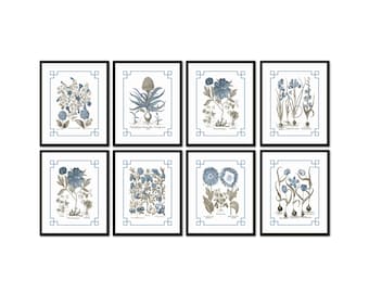 Chinoiserie Blue and Sepia Vintage Botanical Print Set No. 3 , Flower Prints, Botanical Art, Botanical Prints, Wall Art, Home Decor