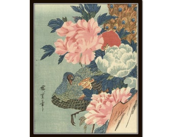 Peacock and Peonies Print, Chinoiserie Print, Peony Print, Botanical Print, Chinese Art, Vintage Art, Botanical Print, Chinoiserie Art