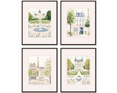 Pink Striped Paris Print Set No. 1, France Cottage Decor, Paris Travel Prints, Paris Nursery Art, French Chateau Art, Grandmillennial Art