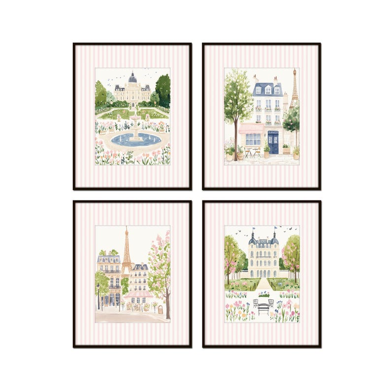 May include: Set of four framed prints featuring watercolor illustrations of Parisian scenes. Each print depicts a different building or street scene with a pink and white striped background.