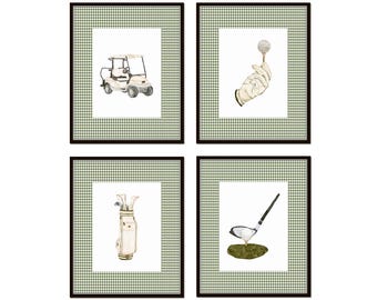 Watercolor Golf Print Set, Gingham Wall Art, Boys Room Art, Nursery Decor, Preppy Art, Grandmillennial Decor, Gift for Golfers, Office Art