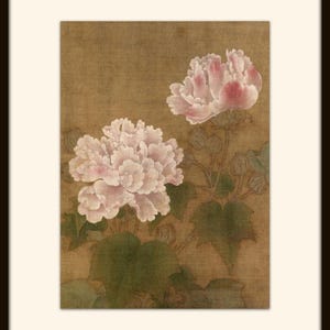 May include: A painting of two pink flowers with green leaves on a brown background.