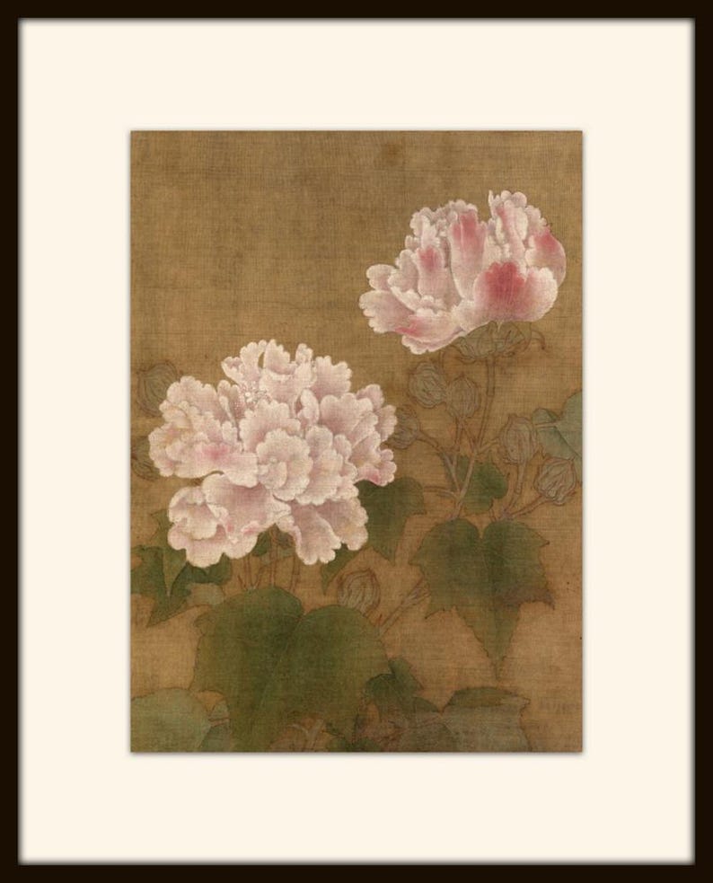 May include: A painting of two pink flowers with green leaves on a brown background.
