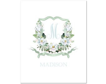 Custom Monogram Magnolia Crest Print, Family Crest Print, New Home Gift, Anniversary Gift, Wedding Gift, Baby Gift, Custom Nursery Decor