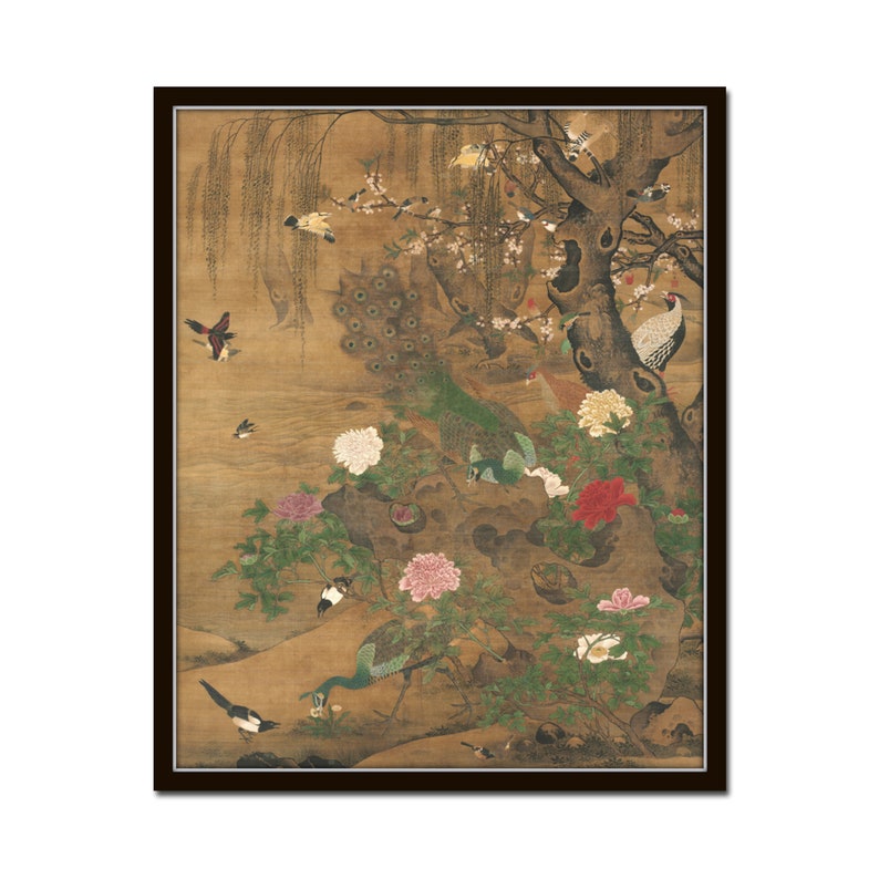 Chinoiserie Forest Birds Tapestry Print, Botanical Print, Chinese Art, Vintage Art, Botanical Print, Chinoiserie Art image 1