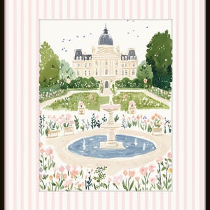 May include: A watercolor painting of a French chateau with a fountain in the front yard. The chateau is white with a gray roof and a dome. The fountain is surrounded by a circular pool of water and flowers. The painting is framed with a pink and white striped border.