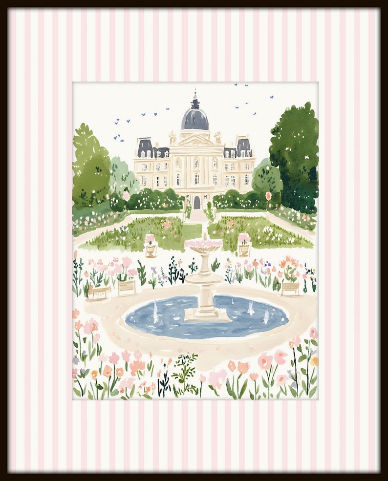 May include: A watercolor painting of a French chateau with a fountain in the front yard. The chateau is white with a gray roof and a dome. The fountain is surrounded by a circular pool of water and flowers. The painting is framed with a pink and white striped border.