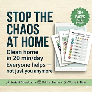 Może przedstawiać: Tablet cyfrowy wyświetla strony do wydrukowania systemu rodzinnego. Tekst brzmi "STOP THE CHAOS AT HOME" i "Clean home in 20 min/day". Dodatkowy tekst to "Natychmiastowe pobieranie", "Drukuj w domu" i "Działa w dni".