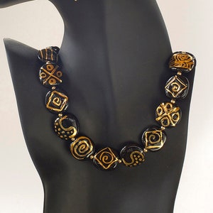 18&quot; Kazuri Gold Pattern Beads Necklace and Earring Set
