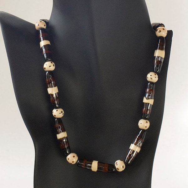 19" Brown and Beige Kazuri Beads Necklace and Earring Set