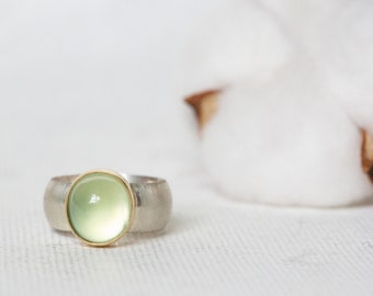 Sterling Silver and 18ct Pure Gold Prehnite Ring - Mixed Metal Jewellery - Prehnite Jewellery- Handcrafted Artisan Jewellery UK