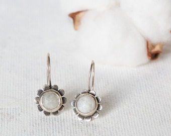 Sterling Silver Moonstone Earrings - Flower Moonstone Earrings - Flower Drop Earrings - Handmade Silver Drop Earrings