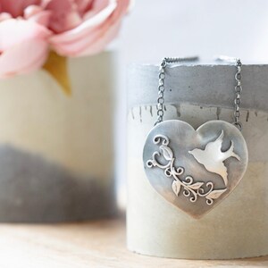 Large sterling silver heart and bird necklace image 7