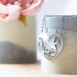 Large sterling silver heart and bird necklace image 4