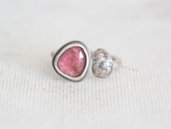 Handmade Oxidized Sterling Silver Open Ring: Pink Tourmaline & Nugget