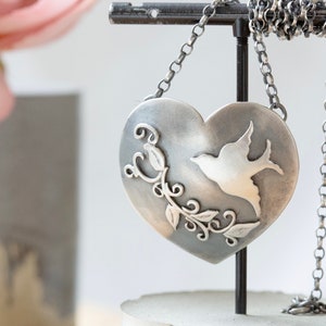 Large sterling silver heart and bird necklace image 9