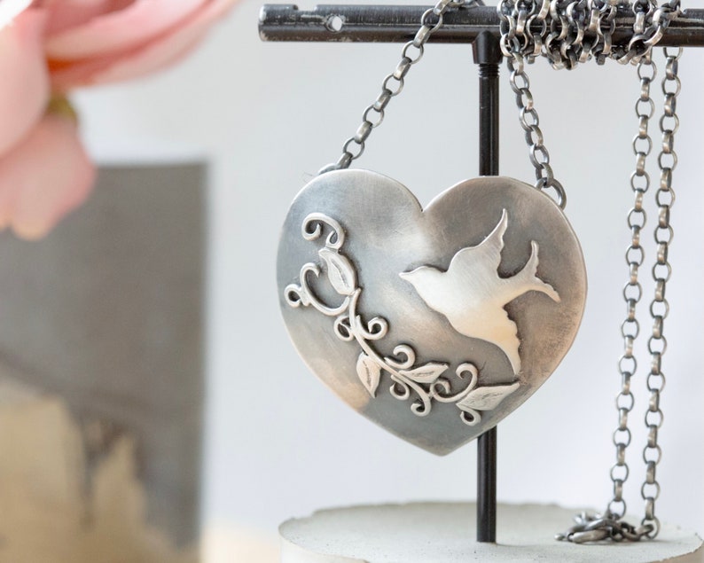 Large sterling silver heart and bird necklace image 9