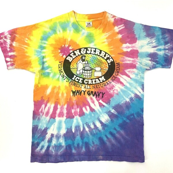 Vintage 90s Ben & Jerry's Wavy Gravy Tie Dye Shirt Single Stitch Chunky Dunky Large Rainbow USA Made FOTL