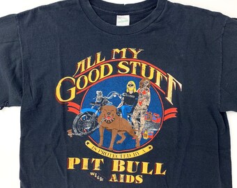 Vintage Biker Shirt Pit Bull with Aids Harley Sturgis Single Stitch M 3D Emblem