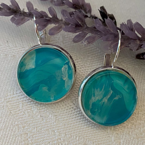 Handcrafted Glass Tile Earrings ~ Turquoise Round Earrings ~ Mixed Media Jewelry ~ Painted Coffee Filter Art ~ Glass Earring ~ Unique Gift