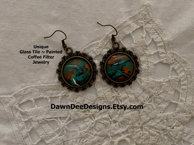 Unique Earrings Fancy Round Glass Tile Earrings Abstract Painted Coffee Filter Earrings Handmade Decorative Antique Brass Tray