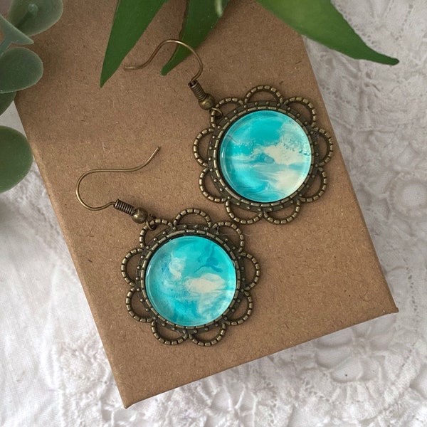 Turquoise Round Glass Earring ~ Handcrafted Glass Tile Earrings ~ Mixed Media Jewelry ~ Painted Coffee Filter Art ~ Glass Earring ~ Unique