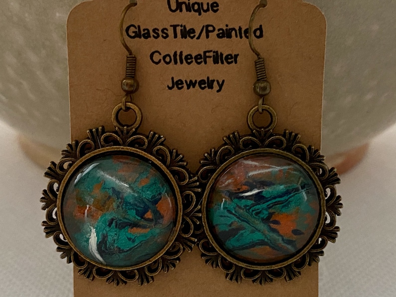 Unique Earrings Fancy Round Glass Tile Earrings Abstract Painted Coffee Filter Earrings Handmade Decorative Antique Brass Tray