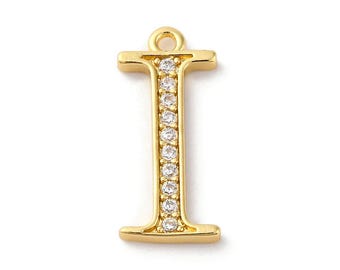 Iota Letter Charms, Greek Alphabet Charms, 18K Gold Plated Brass, Micro Pave Cubic Zirconia