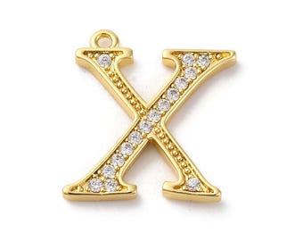 Chi Letter Charms, Greek Alphabet Charms, 18K Gold Plated Brass, Micro Pave Cubic Zirconia