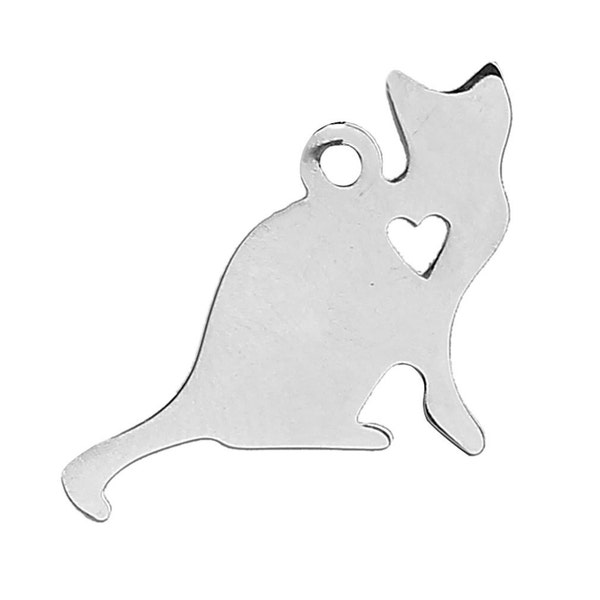 1 Cat Charm Stainless Steel, Stamping Supplies, Cat Pendant