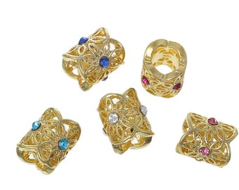 5 Rhinestone Large Hole Beads, Mixed gold plated Rhinestone Beads, European Jewelry Beads, Large Hole Metal Beads