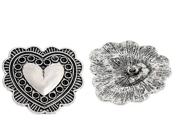 4 Heart Buttons Antique Silver, 40mm x 39mm,  Can Hold ss12 Pointed Back Rhinestones, 4592,  313a