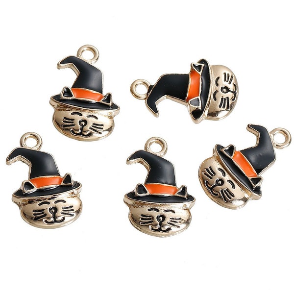 5 Halloween Cat Enamel Charms 24mm x 15mm