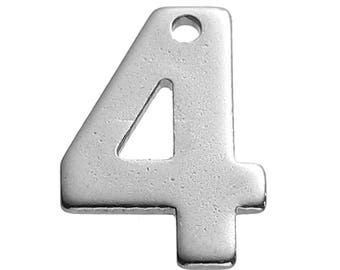 25 Number 4 Charms Stainless Steel, Number Four Charms, 11mm x 8mm