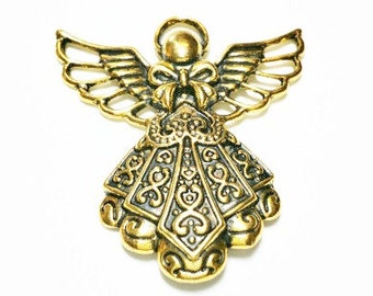2 Large Angel Pendant Charms antique gold tone