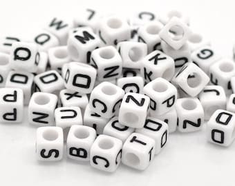 Acrylic Square Black & White 6mm x 6mm Random Initial Alphabet Letter Beads
