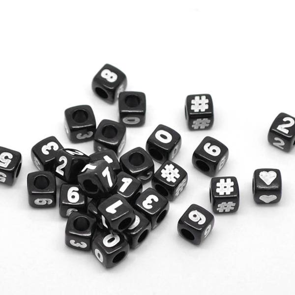 Black Cube Number and Hashtag Sign Beads 7mm Cube Beads