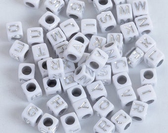500 Acrylic Cube White & Silver At Random Initial Alphabet Letter Beads 6mm