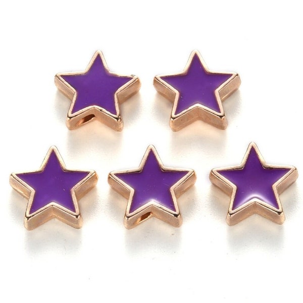 Star Beads, Purple and Gold Enamel Star Beads, 10mm