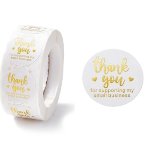 Round Gold and White Thank You For Supporting My Small Business Heart Stickers